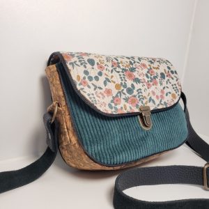 Sac besace velours vert canard et fleurs