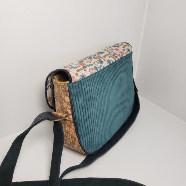Sac besace velours vert canard et fleurs - Image 4