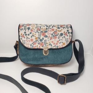 Sac besace velours vert canard et fleurs