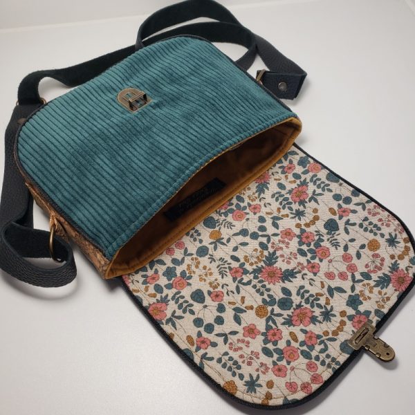 Sac besace velours vert canard et fleurs - Image 3