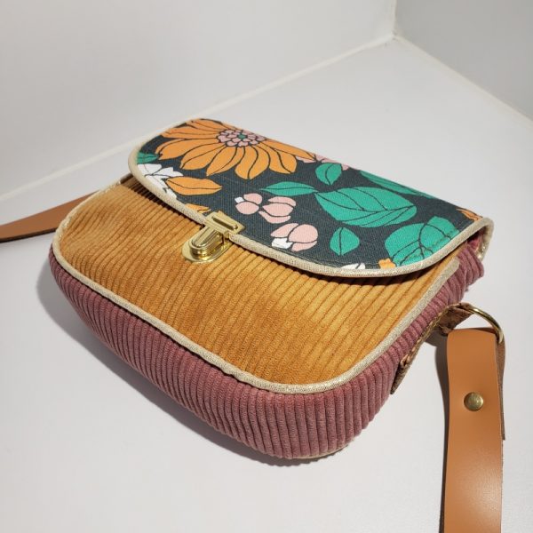 sac fleuri velours orange et rose - Image 4