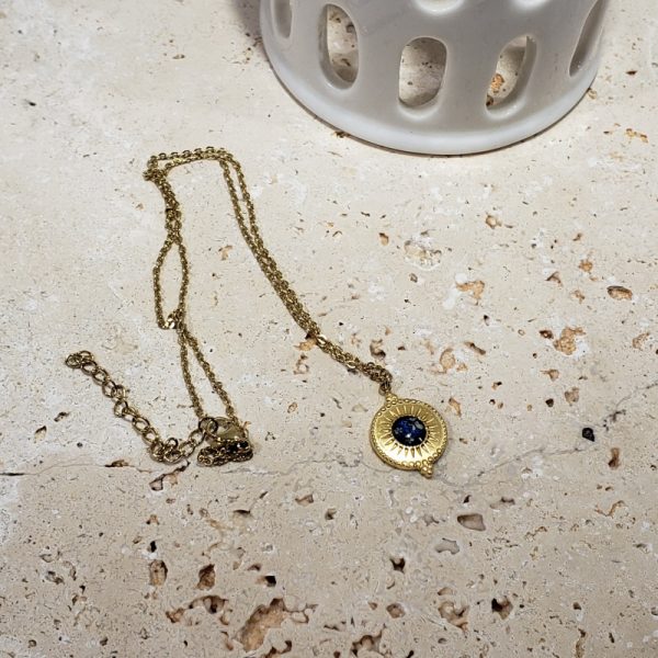 collier bleu, acier inox doré, fleur