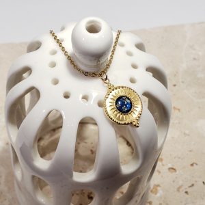 collier bleu, acier inox doré, fleur