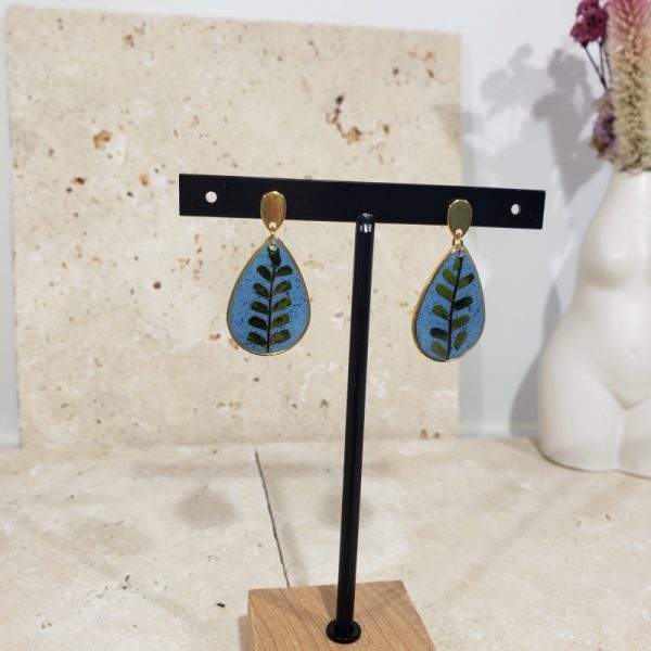 boucles d'oreilles gouttes bleues, fougère - Image 3