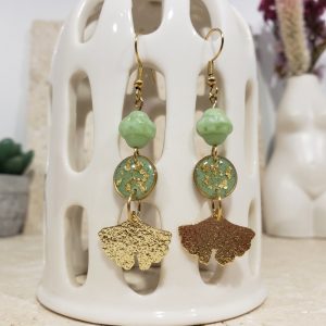 boucles d’oreilles Ginkgo vert, or