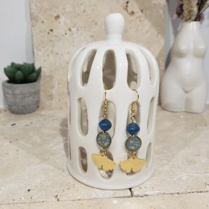 boucles d’oreilles Ginkgo bleu, or