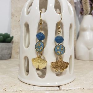 boucles d’oreilles Ginkgo bleu, or