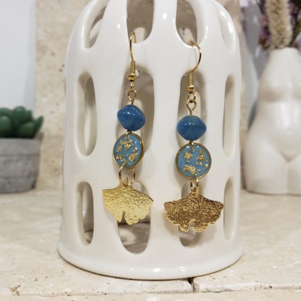 boucles d'oreilles Ginkgo bleu, or - Image 2