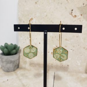 créoles dorées, hexagone vert, hortensia