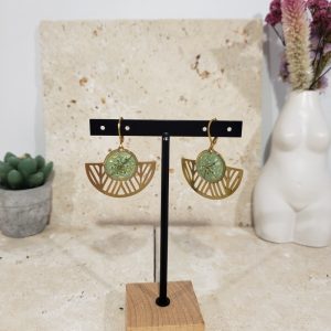 boucles éventails vertes, fleurs, or