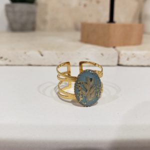 bague inox doré, bleue, fleurs