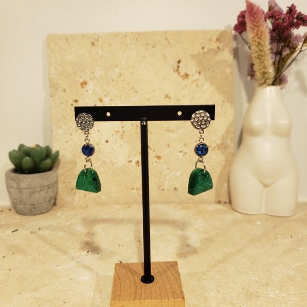 boucles acier inox, paillettes vertes et bleues