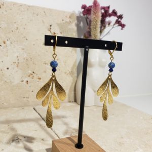 feuilles laiton, perles régalites bleues