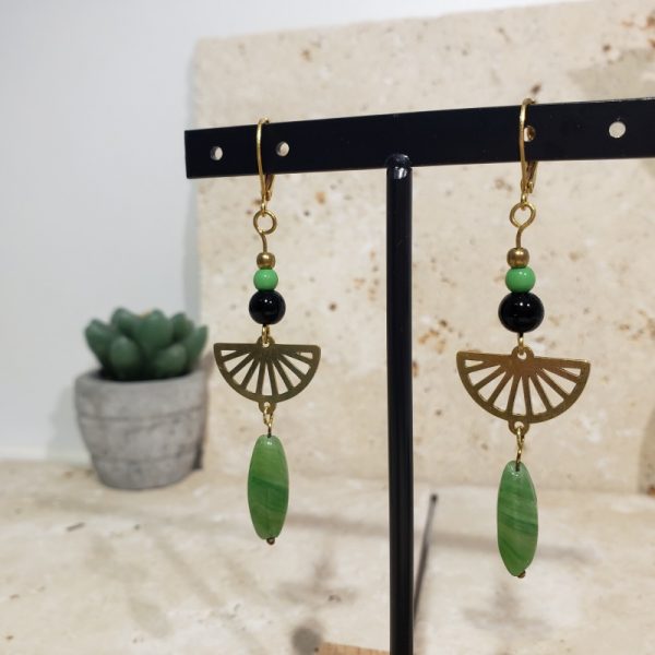 boucles d'oreilles éventails, perles vertes - Image 3
