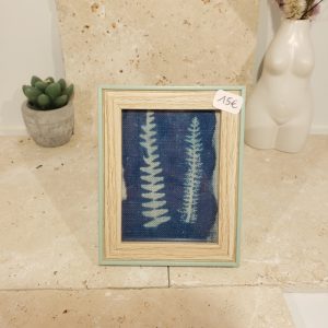 cyanotype sur tissu en lin, fougère, achillée millefeuille