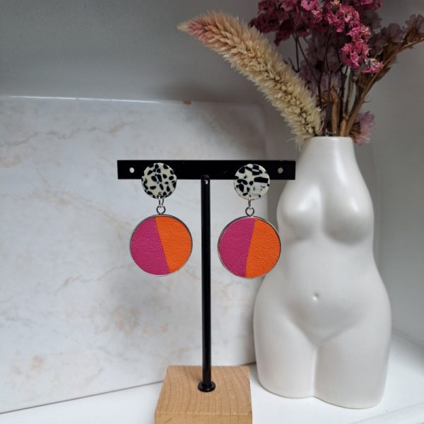 Boucles d'oreilles cuir orange et rose