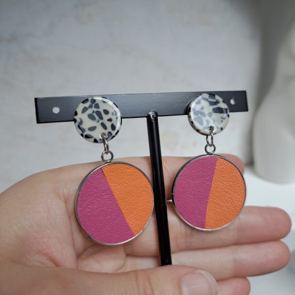 Boucles d'oreilles cuir orange et rose - Image 3