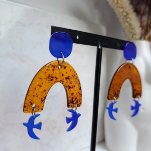 boucles d’oreilles Ambre et mini oiseaux bleus