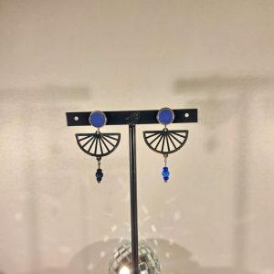 boucles d’oreilles éventail et cuir bleu perles verre