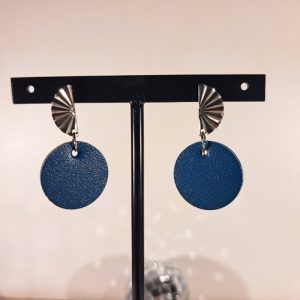 boucles d’oreilles rond cuir bleu et liège