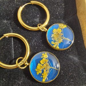 minis créoles cabochon bleu et fleur jaune