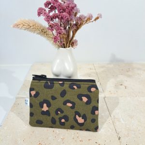 porte monnaie léopard kaki et rose