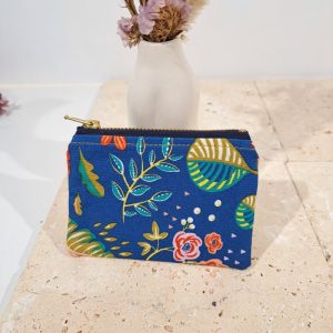 porte monnaie bleu et toile ciré moutarde